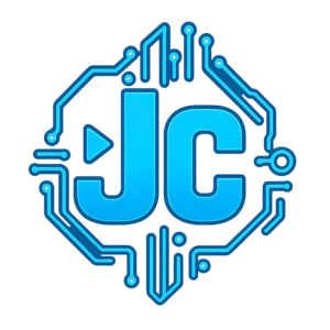 Logotipo azul brillante con las letras "JC", donde la "J" incorpora un símbolo de play, y un marco decorativo que simula un circuito electrónico en tonos de azul.