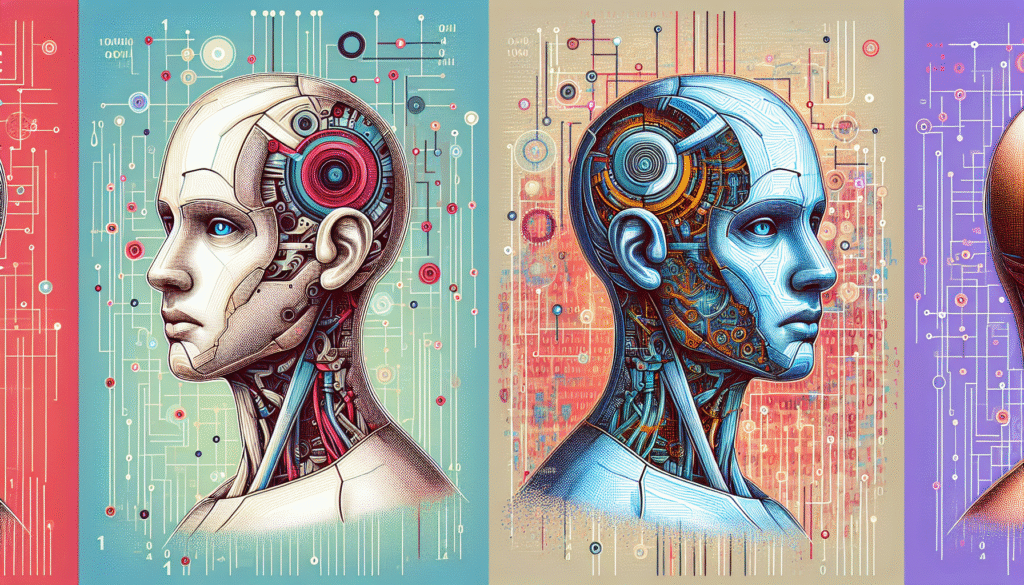 Cuatro perfiles estilizados de cabezas y parte superior de torsos de robots humanoides, mostrados en paneles adyacentes con fondos de circuitos. El primer robot es blanco con ojos azules, el segundo es azul con ojos azules y el tercero, visto de espaldas, es marrón rojizo. Todos tienen detalles mecánicos internos y fondos coloridos con patrones tecnológicos.