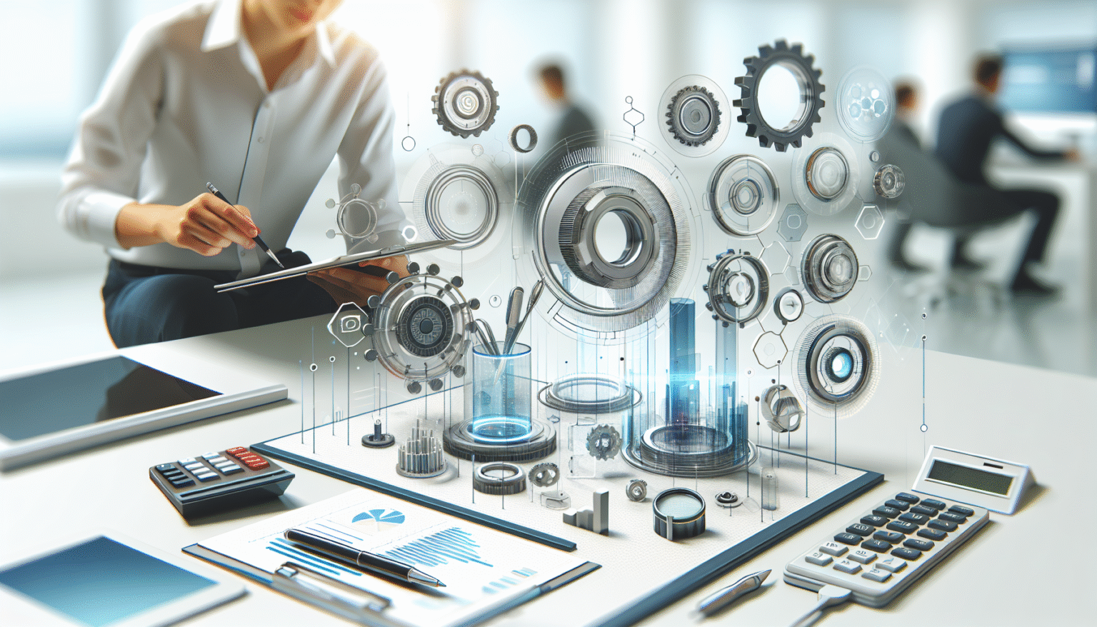 Una persona en una oficina moderna escribiendo en un portapapeles, rodeada de elementos holográficos de análisis de datos, engranajes y gráficos digitales. Sobre el escritorio hay calculadoras, tabletas y documentos con informes financieros.