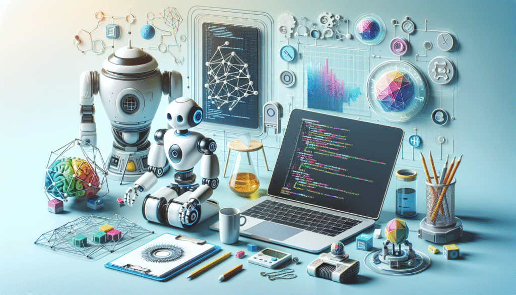 Un escritorio con dos robots, uno grande y uno pequeño, un ordenador portátil mostrando código, un modelo de cerebro humano multicolor dentro de una esfera geométrica, una red neuronal de cubos de colores, material de laboratorio, y varios iconos tecnológicos y gráficos de datos en el fondo.