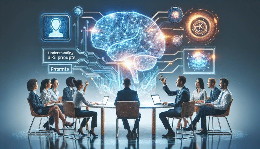 Grupo diverso de profesionales en una sala de reuniones futurista, sentados alrededor de una mesa curvada, interactuando con proyecciones holográficas. Estas incluyen un cerebro digital luminoso en el centro, circuitos, un icono de perfil de usuario, y textos como 'Understanding a kii prroupts' y 'Prromts'.