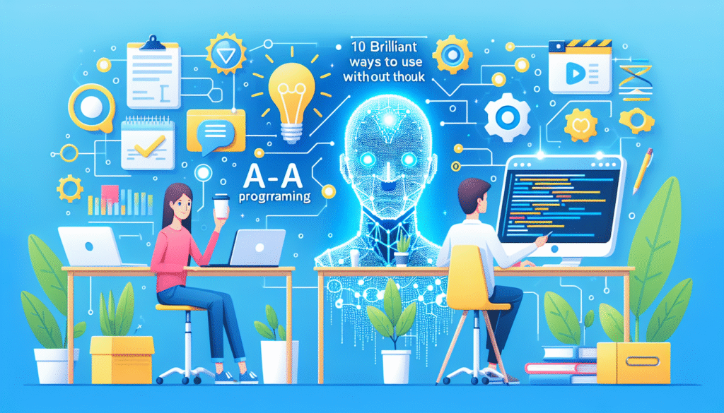 Ilustración de dos personas trabajando en escritorios con ordenadores y una cabeza digital brillante de inteligencia artificial en el centro. La escena incluye iconos relacionados con la tecnología, la gestión de proyectos, la creatividad y la programación, con plantas y un fondo azul.