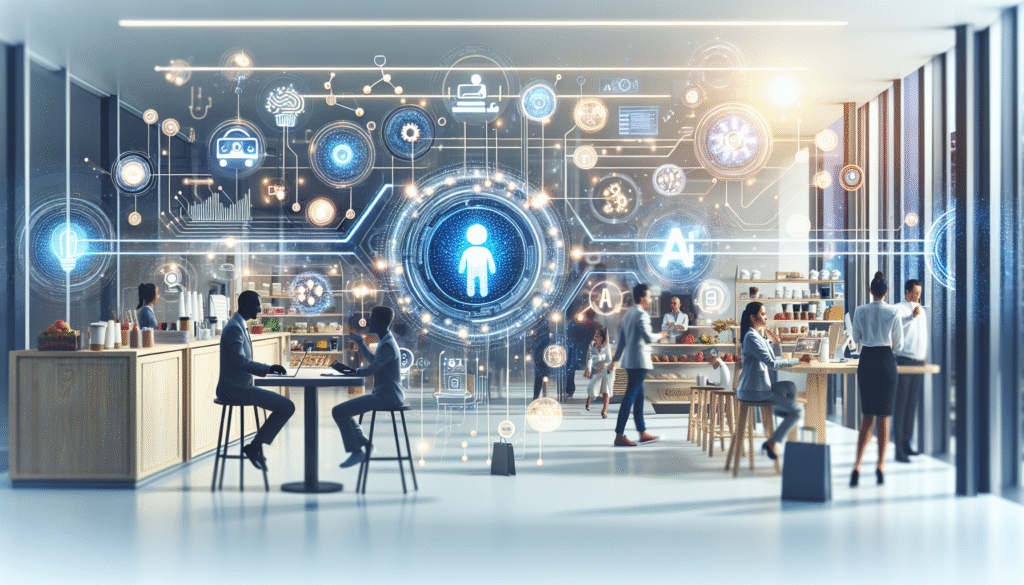 Interior luminoso de un espacio de coworking o cafetería moderna con personas trabajando, conversando y un barista, superpuesto con una interfaz digital futurista que muestra iconos de inteligencia artificial, datos y conectividad centrados en el usuario.