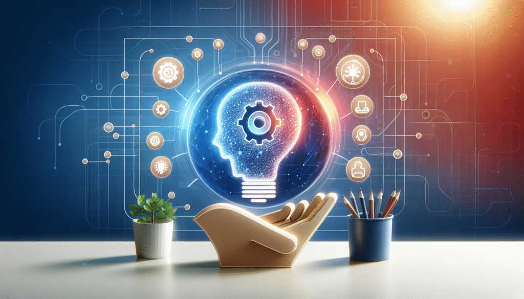 Ilustración digital de inteligencia artificial e innovación, mostrando una bombilla en forma de cabeza humana con un engranaje central, conectada a una red de iconos tecnológicos sobre un fondo de circuitos. Un escritorio con una planta, una escultura de manos y lápices complementa la escena.