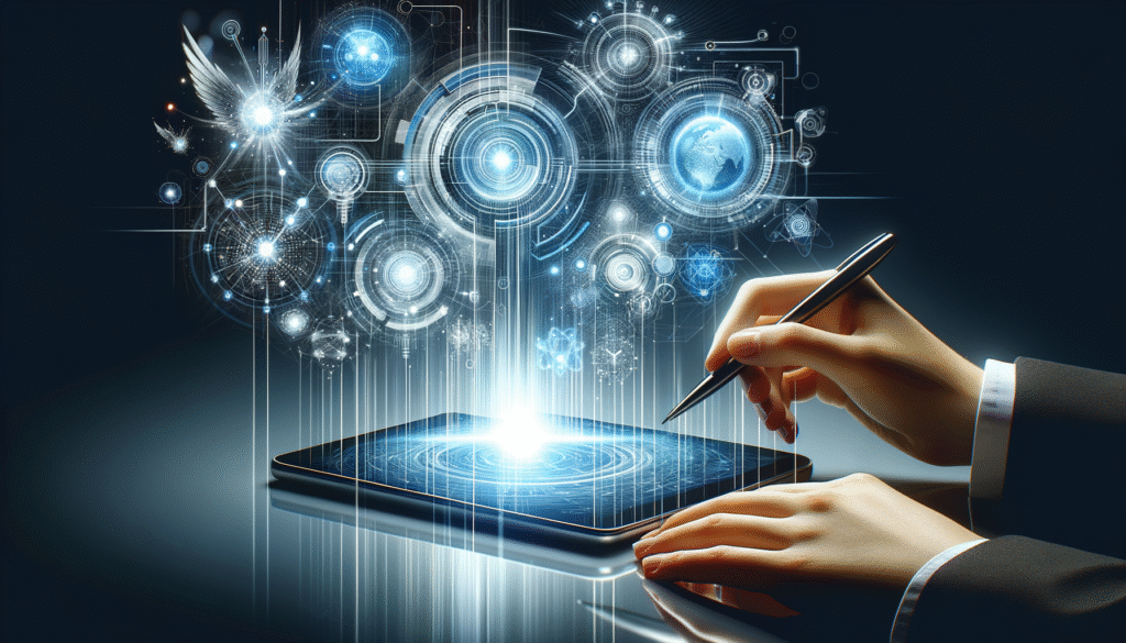 Manos con traje interactuando con una tablet usando un lápiz digital, donde la pantalla emite una luz azul brillante y patrones tecnológicos, con elementos como circuitos, esferas de datos y un globo terráqueo digital flotando en el fondo oscuro.