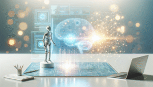 Un robot humanoide blanco interactúa con una interfaz holográfica que muestra un cerebro digital luminoso y una red neuronal, sobre un escritorio con un portátil y material de oficina, con un fondo futurista de datos y luces.