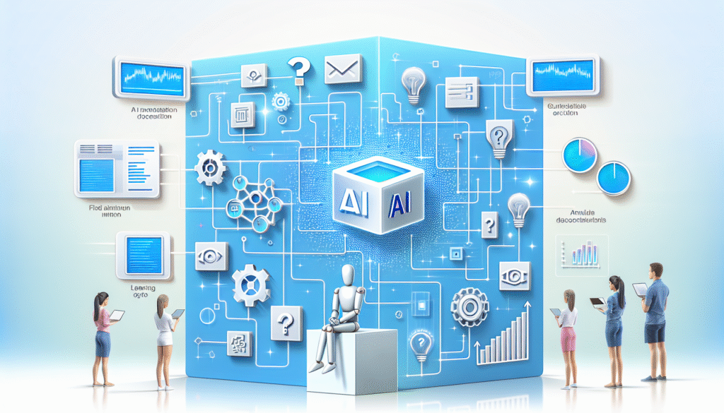 Representación visual de un sistema de Inteligencia Artificial (IA) en una infraestructura digital cúbica azul. Muestra una red de íconos interconectados como engranajes, gráficos de datos, bombillas, preguntas y elementos de red. Varias personas observan la plataforma interactuando con dispositivos, y un robot humanoide está sentado en un bloque.