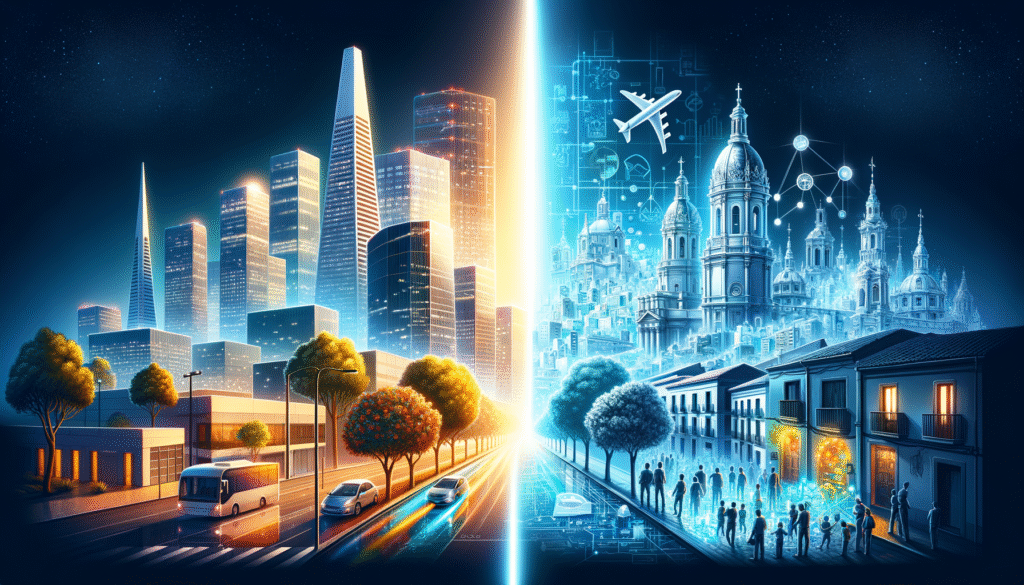 Una ciudad dividida por un haz de luz brillante, mostrando a la izquierda una metrópolis moderna con rascacielos, vehículos y árboles, y a la derecha una ciudad digital futurista con arquitectura clásica azul, circuitos tecnológicos, iconos y personas interactuando con datos, representando la transición hacia una smart city.
