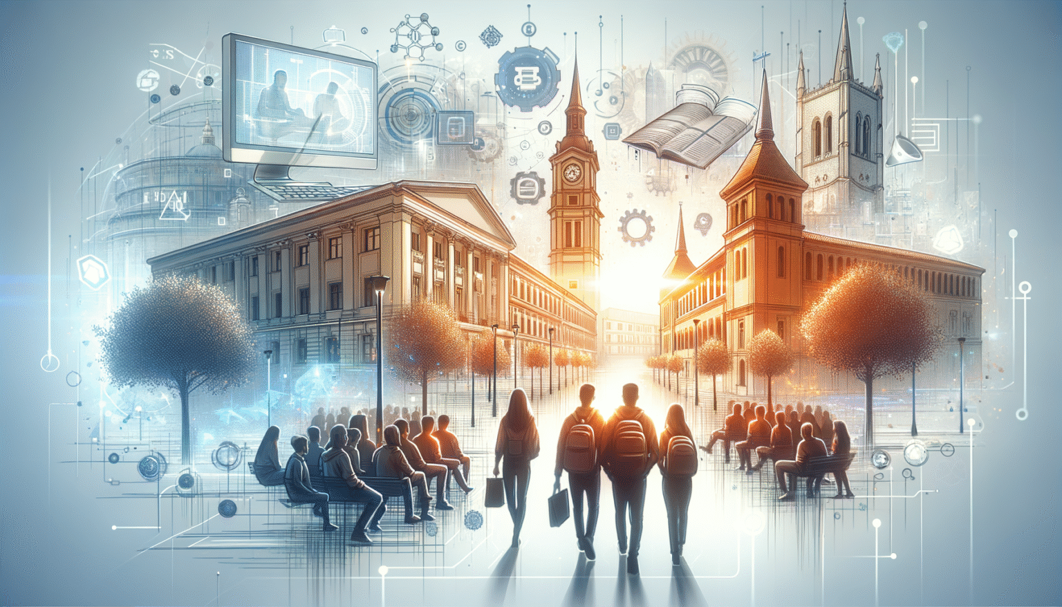 Ilustración que combina un paisaje urbano con edificios de arquitectura clásica, incluyendo una cúpula y torres, con una superposición digital de iconos de tecnología, ciencia, educación y redes, además de un monitor con una reunión virtual. En la calle, estudiantes caminan y se sientan en bancos.