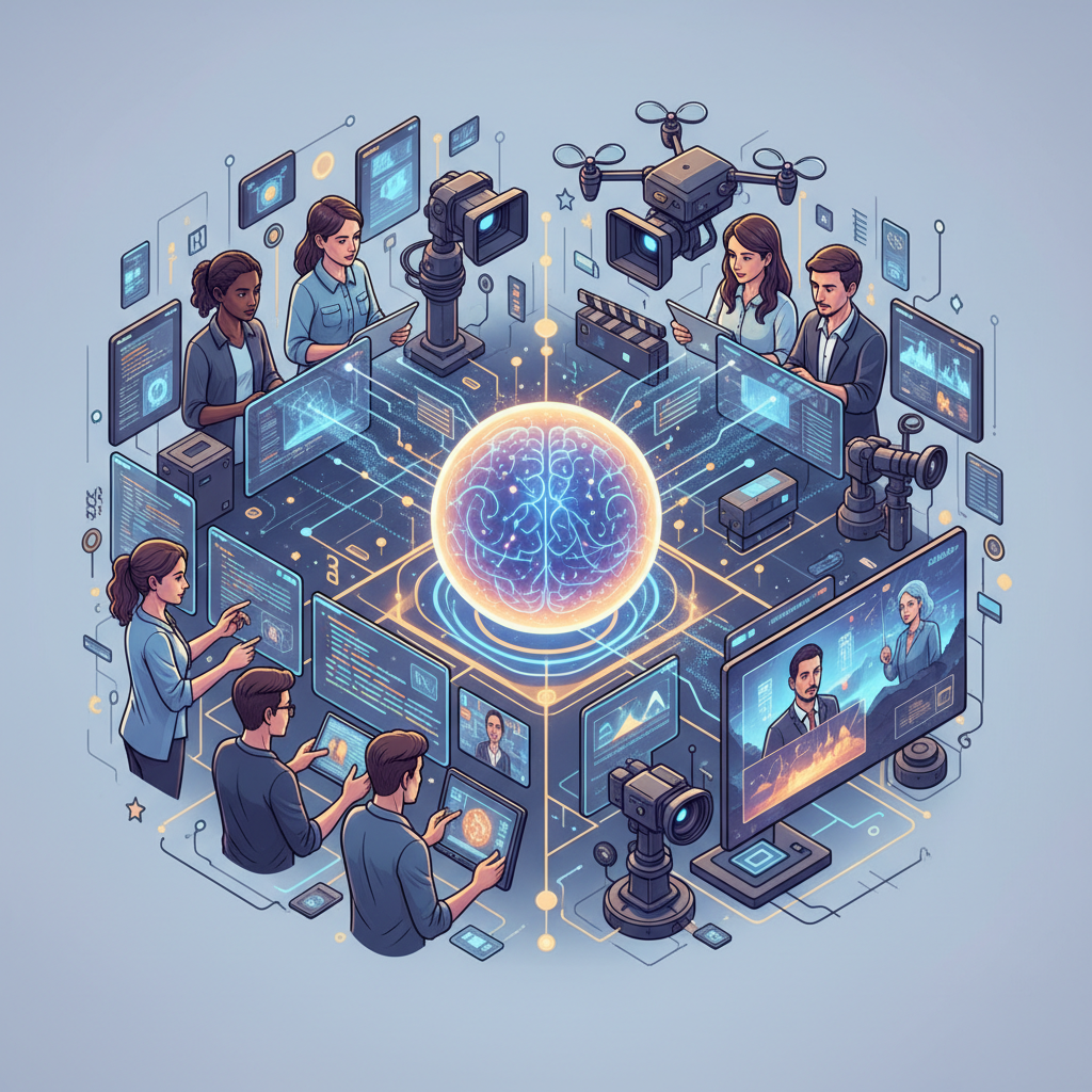 Ilustración isométrica de un equipo de personas colaborando en un entorno de tecnología avanzada. Alrededor de una esfera central luminosa con un cerebro, representando inteligencia artificial (IA), los individuos interactúan con pantallas digitales, laptops, cámaras de video y un dron. Las pantallas muestran datos, código y videoconferencias.