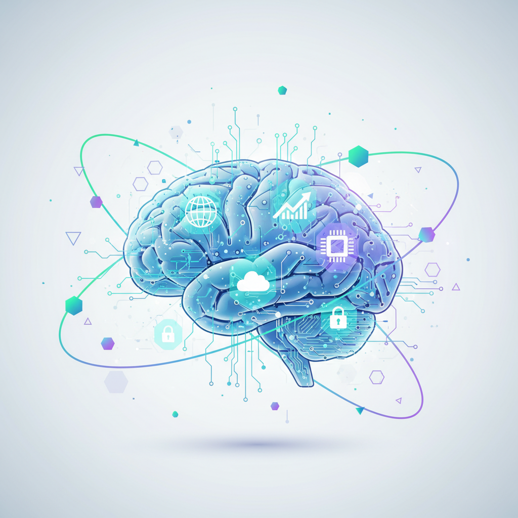 Cerebro humano estilizado en tonos azules y morados con circuitos digitales y varios iconos tecnológicos como un globo, un gráfico de barras ascendente, un microchip, una nube y un candado, rodeado de líneas y formas geométricas abstractas.