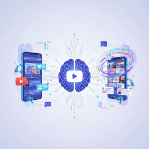 Un cerebro con un botón de play central, conectado por circuitos a dos smartphones. El teléfono de la izquierda muestra un video con la interfaz de YouTube y burbujas de interacción. El teléfono de la derecha presenta una cuadrícula de videos cortos con el icono de TikTok y elementos de redes sociales. Brazos robóticos interactúan con ambos dispositivos, simbolizando la inteligencia artificial en las plataformas de video.