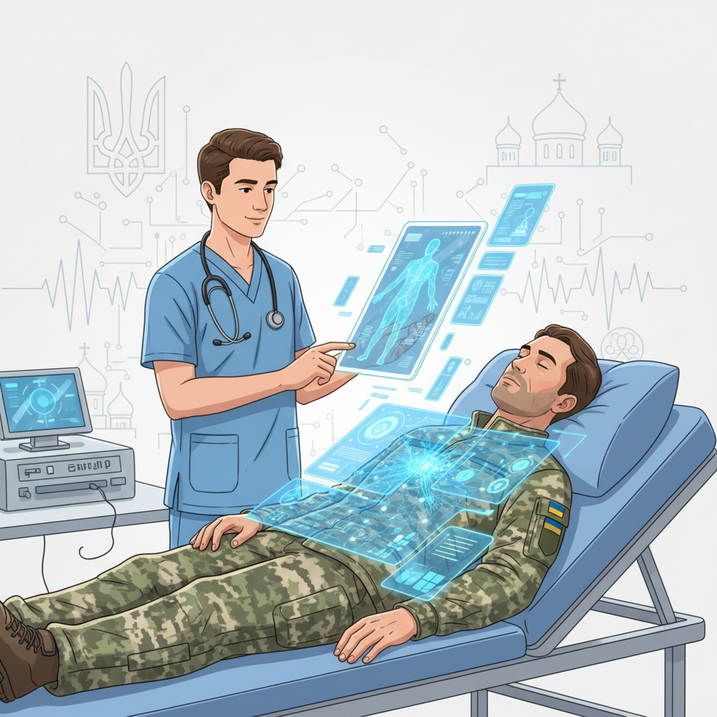 Un doctor en uniforme médico azul usa tecnología holográfica para diagnosticar a un soldado ucraniano que yace en una camilla. Pantallas virtuales muestran datos anatómicos y médicos sobre el cuerpo del soldado y en el aire. De fondo se observa el tridente de Ucrania y siluetas de cúpulas de iglesia.