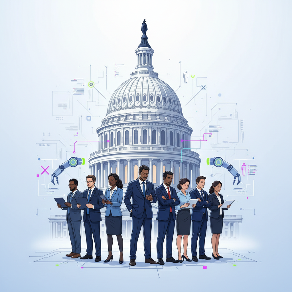 Grupo diverso de profesionales en traje de negocios de pie frente al Capitolio de EE. UU., el cual presenta una superposición de elementos tecnológicos como circuitos, nodos brillantes y brazos robóticos.