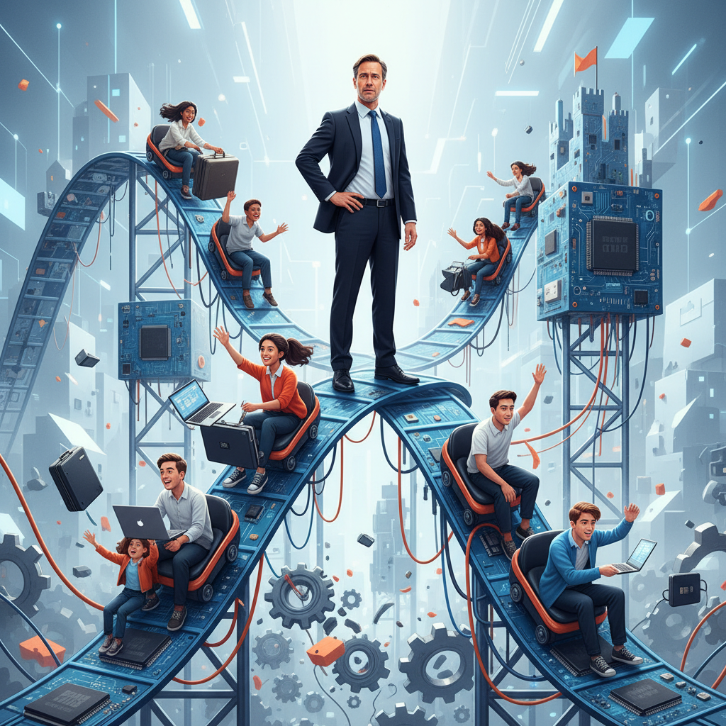 Un hombre de negocios en traje oscuro está de pie sobre una pista de montaña rusa hecha de circuitos electrónicos, mientras varias personas en carritos, incluyendo adultos y niños, se desplazan por la pista usando laptops o saludando, en un paisaje urbano futurista con elementos tecnológicos.