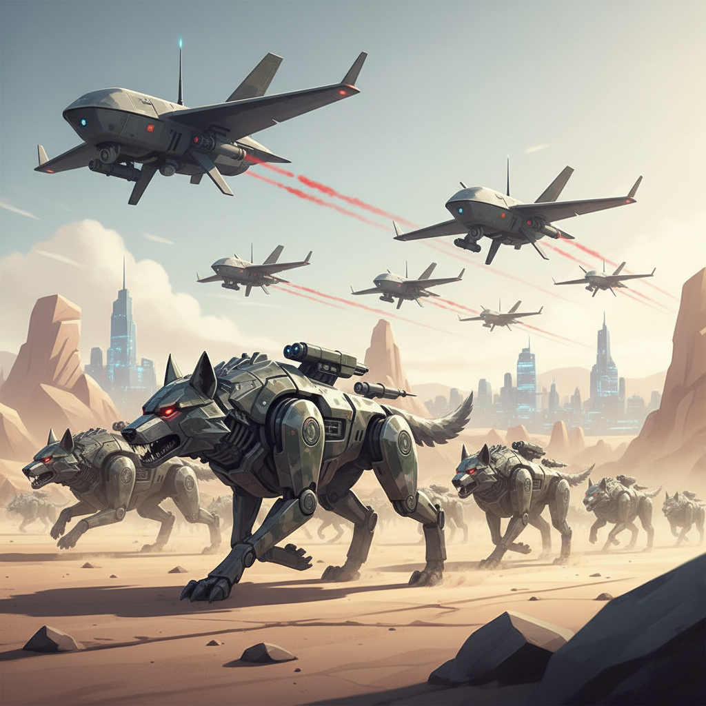 Manada de lobos robóticos con ojos rojos brillantes corriendo por un desierto, con drones militares volando en formación sobre ellos y una ciudad futurista al fondo.