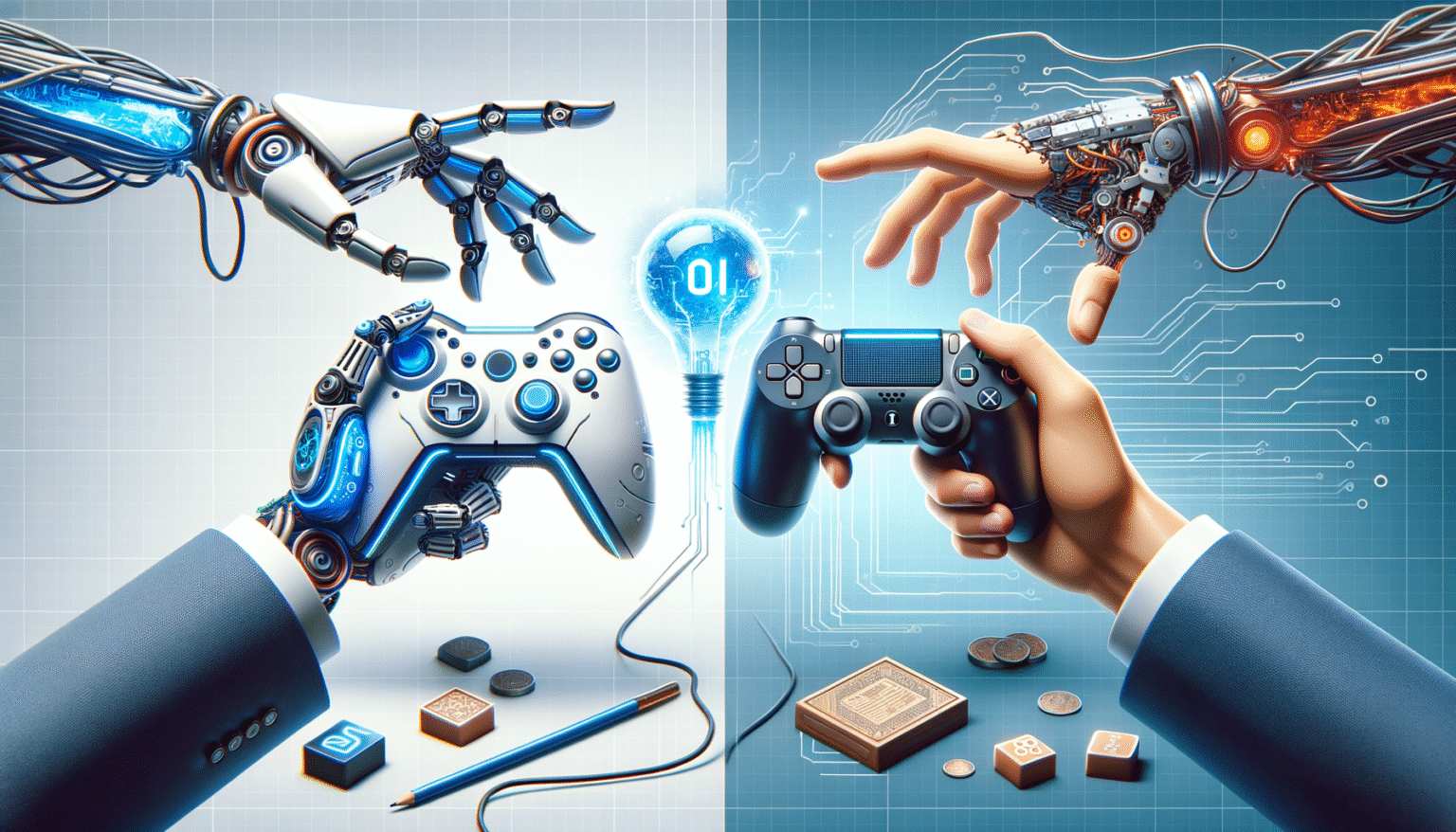Composición dividida mostrando en el lado izquierdo brazos robóticos y una mano robótica con traje sosteniendo un mando de videojuegos blanco. En el lado derecho, una mano con implantes cibernéticos y una mano humana con traje sosteniendo un mando de videojuegos negro. Una bombilla brillante con '01' simboliza la inteligencia digital en el centro. El fondo tiene patrones de circuitos y hay objetos tecnológicos como chips, monedas y un lápiz.