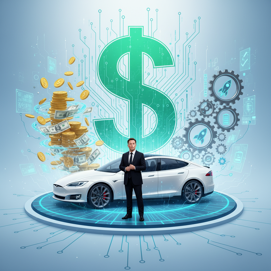 Un hombre en traje de pie frente a un Tesla blanco, con un gran signo de dólar hecho de circuitos, pilas de monedas y billetes, y engranajes con cohetes y baterías en un fondo digital.