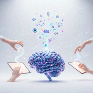 Cerebro digital brillante con circuitos iluminados, del cual emergen íconos de aplicaciones y conceptos digitales. Dos pares de manos interactúan con tabletas, dirigiendo flujos de datos y creatividad hacia el cerebro.