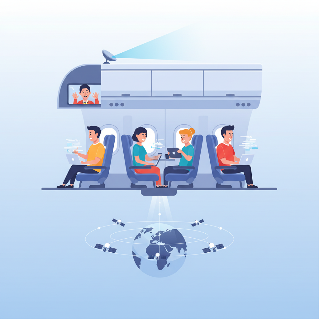 Pasajeros dentro de un avión utilizando laptops y tablets, conectándose a internet mediante una antena parabólica en el techo de la aeronave que se comunica con una red de satélites en órbita alrededor de la Tierra.