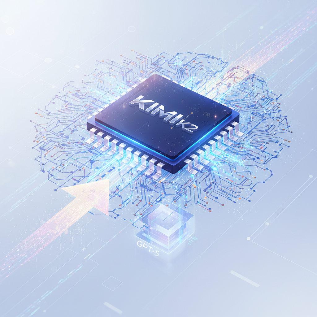 Un microchip azul oscuro con la inscripción 'KIMIK2' en su centro, rodeado de circuitos electrónicos luminosos de color azul y naranja que forman flechas de datos. En la parte inferior, una estructura cúbica transparente y brillante con la etiqueta 'GPT-5' está conectada visualmente al chip.