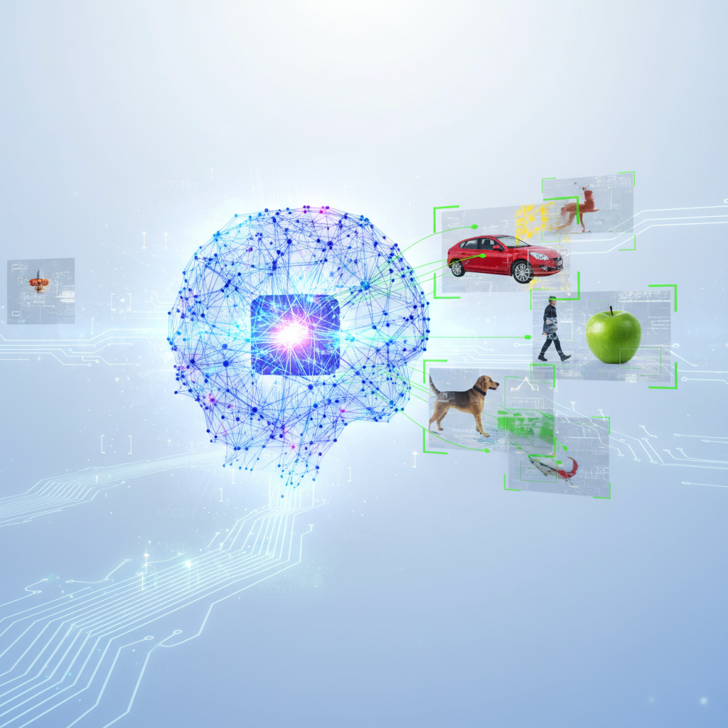 Cerebro de inteligencia artificial con red neuronal y chip central brillante, conectado a paneles digitales que muestran el reconocimiento de un coche rojo, una persona, una manzana verde, un perro y un crustáceo.
