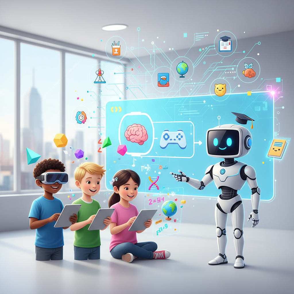 Un robot graduado enseña a tres niños usando tablets y gafas de realidad virtual frente a una pantalla interactiva con contenido educativo de cerebro y videojuegos. Figuras geométricas y diversos iconos de aprendizaje flotan en la moderna aula con vistas a la ciudad.