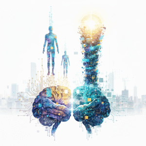 Ilustración de dos cerebros con circuitos digitales; uno conecta con figuras humanas ascendentes y el otro con una columna de tecnología brillante, sobre un fondo urbano difuminado.