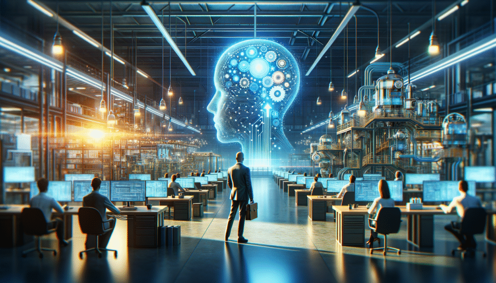Un hombre de espaldas en un entorno tecnológico mira una proyección azul brillante de una cabeza con circuitos y engranajes, representando la inteligencia artificial. Numerosos ingenieros trabajan en escritorios con múltiples monitores en lo que parece un centro de datos o fábrica inteligente, rodeados de infraestructura industrial y racks de servidores.