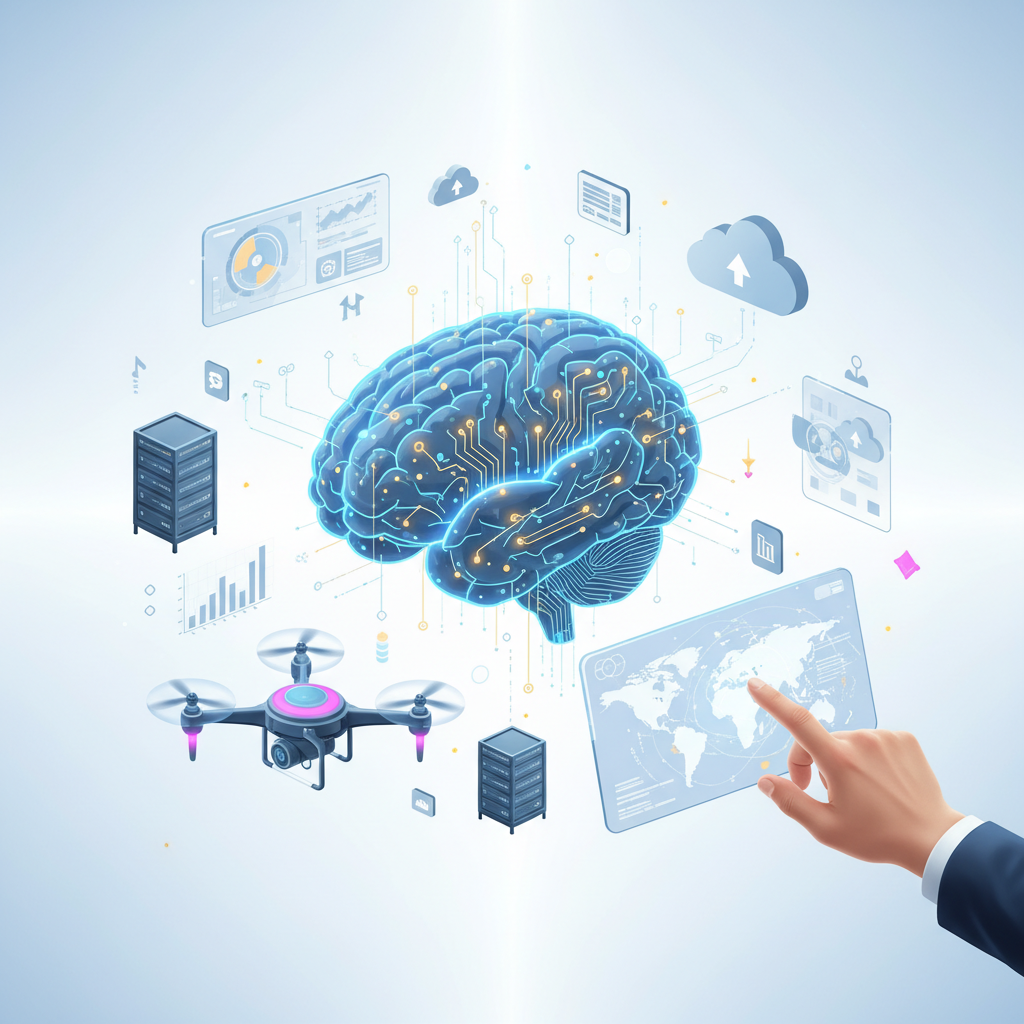 Ilustración isométrica de un cerebro digital luminoso con circuitos, representando inteligencia artificial, interconectado con servidores, iconos de la nube, paneles de datos, un dron y una mano tocando una pantalla interactiva con un mapa mundial.