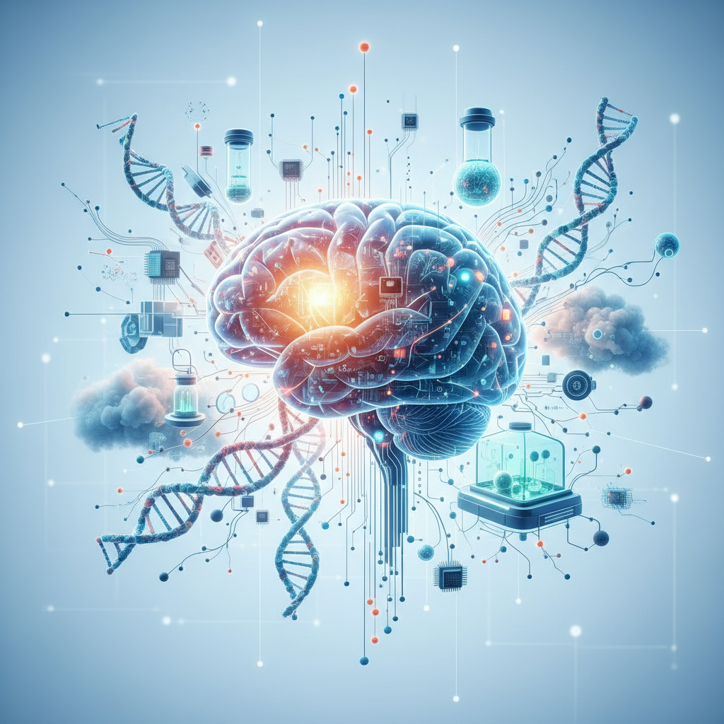 Cerebro humano translúcido y brillante en tonos azules y naranjas, interconectado con cadenas de ADN, circuitos electrónicos, microchips, probetas y nubes digitales, representando la convergencia de la biotecnología y la inteligencia artificial.