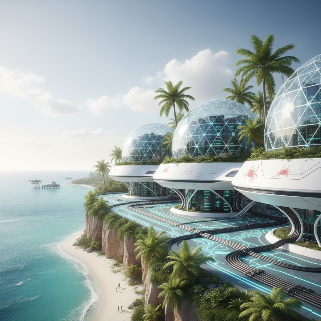 Complejo futurista de cúpulas geodésicas de cristal que albergan centros de datos, situado en un acantilado tropical junto a una playa de arena y el mar. Palmeras exuberantes y una pasarela luminosa conectan las estructuras blancas, que lucen símbolos de cangrejo rojo, mientras plataformas marinas se divisan en el horizonte.