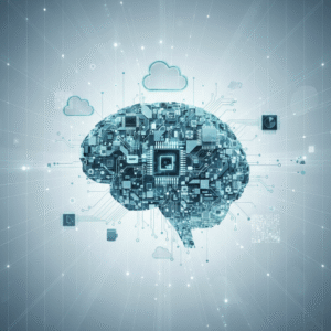 Silueta de un cerebro formada por un circuito electrónico detallado con microchips y una CPU central, rodeado de iconos de computación en la nube y componentes tecnológicos interconectados por líneas de datos luminosas en un fondo digital.