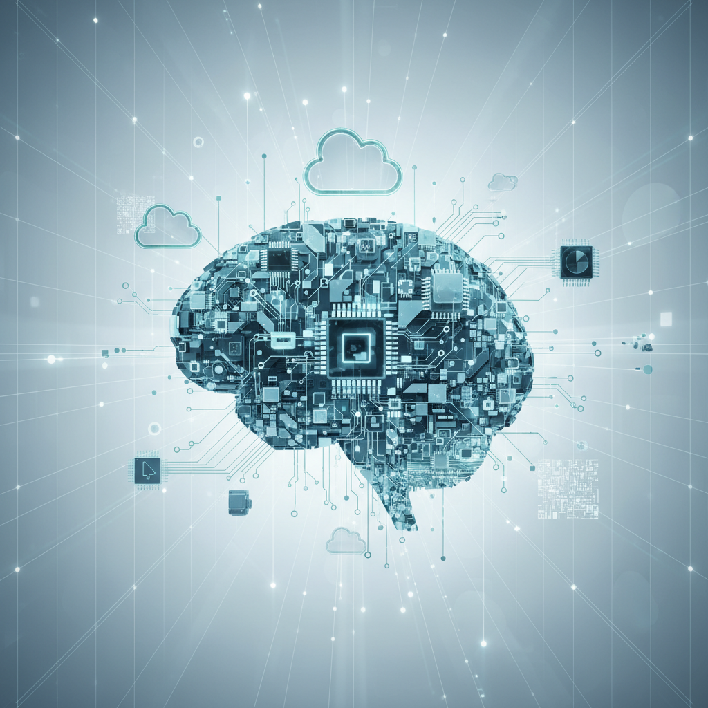 Silueta de un cerebro formada por un circuito electrónico detallado con microchips y una CPU central, rodeado de iconos de computación en la nube y componentes tecnológicos interconectados por líneas de datos luminosas en un fondo digital.