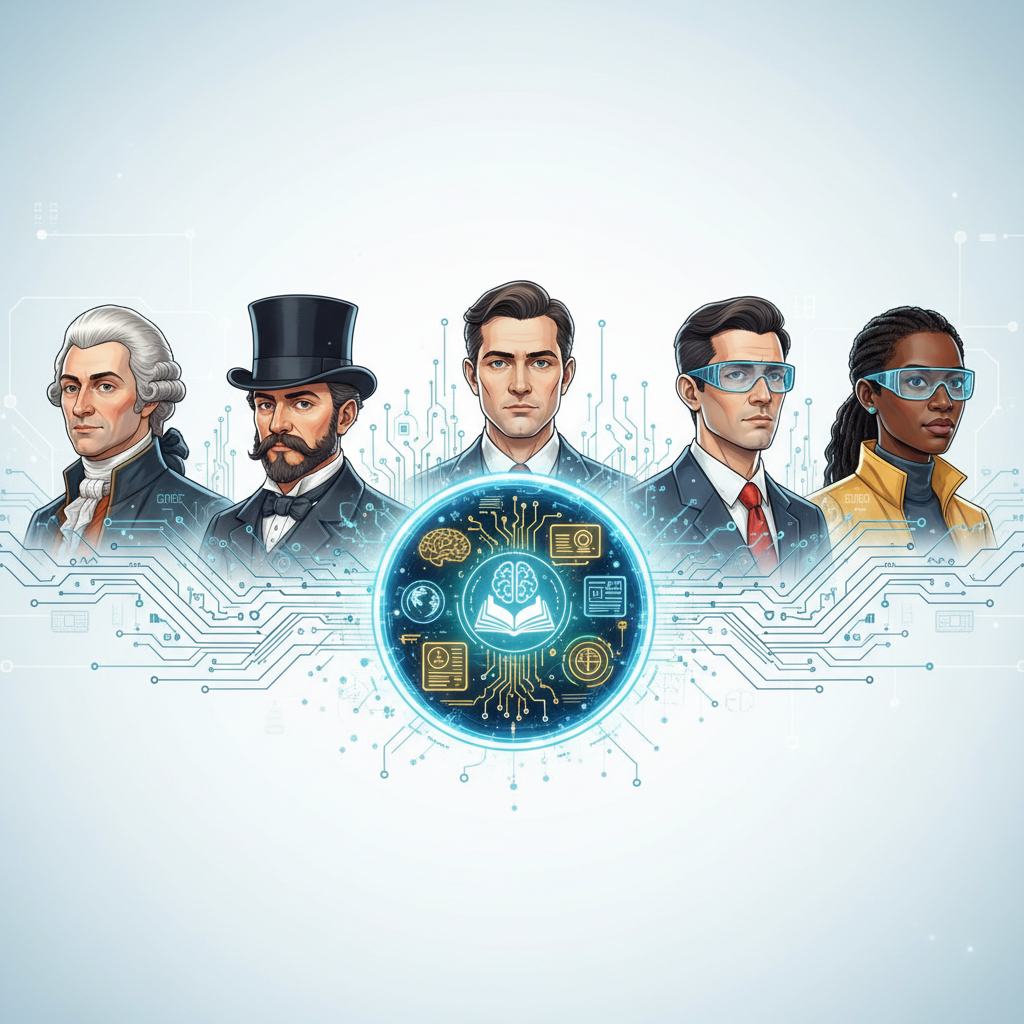 Ilustración de cinco figuras que representan la evolución humana, desde personajes históricos hasta profesionales modernos con gafas tecnológicas, unidas por un circuito electrónico. Un orbe central luminoso destaca iconos de cerebro, libro y símbolos tecnológicos relacionados con la inteligencia artificial y el aprendizaje.