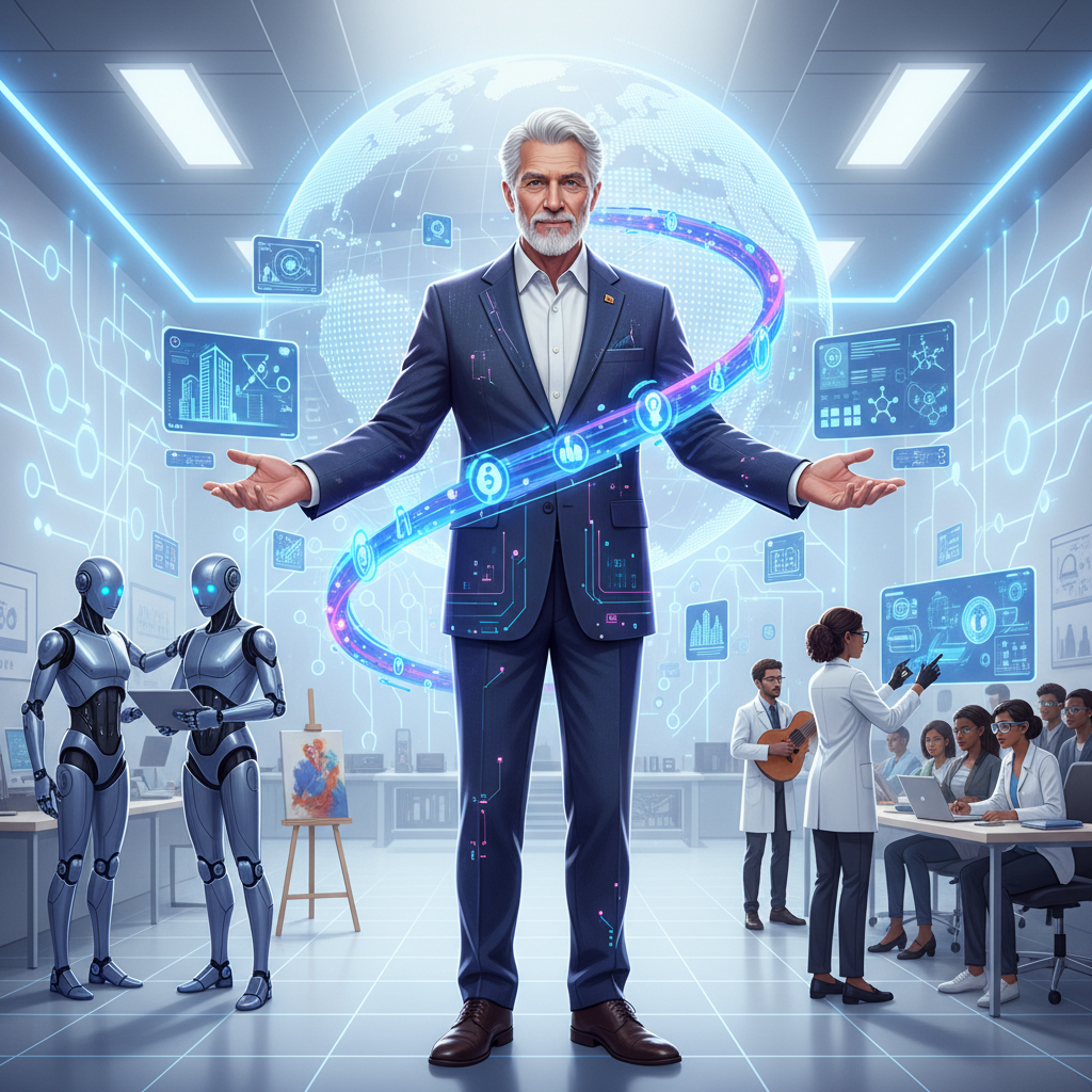 Un hombre de negocios con traje y circuitos digitales se alza en una sala de alta tecnología futurista, con robots interactuando, estudiantes aprendiendo, pantallas holográficas con datos y un gran globo terráqueo digital brillante al fondo.
