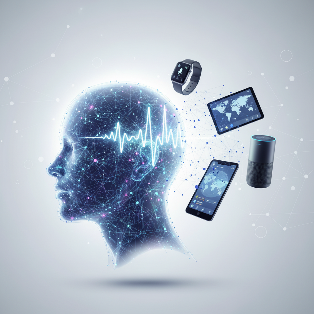 Cabeza humana digital, representada con un perfil de malla de puntos y líneas, mostrando una onda cerebral luminosa en su interior, conectada a un smartwatch, una tablet, un smartphone y un altavoz inteligente flotando a su lado.