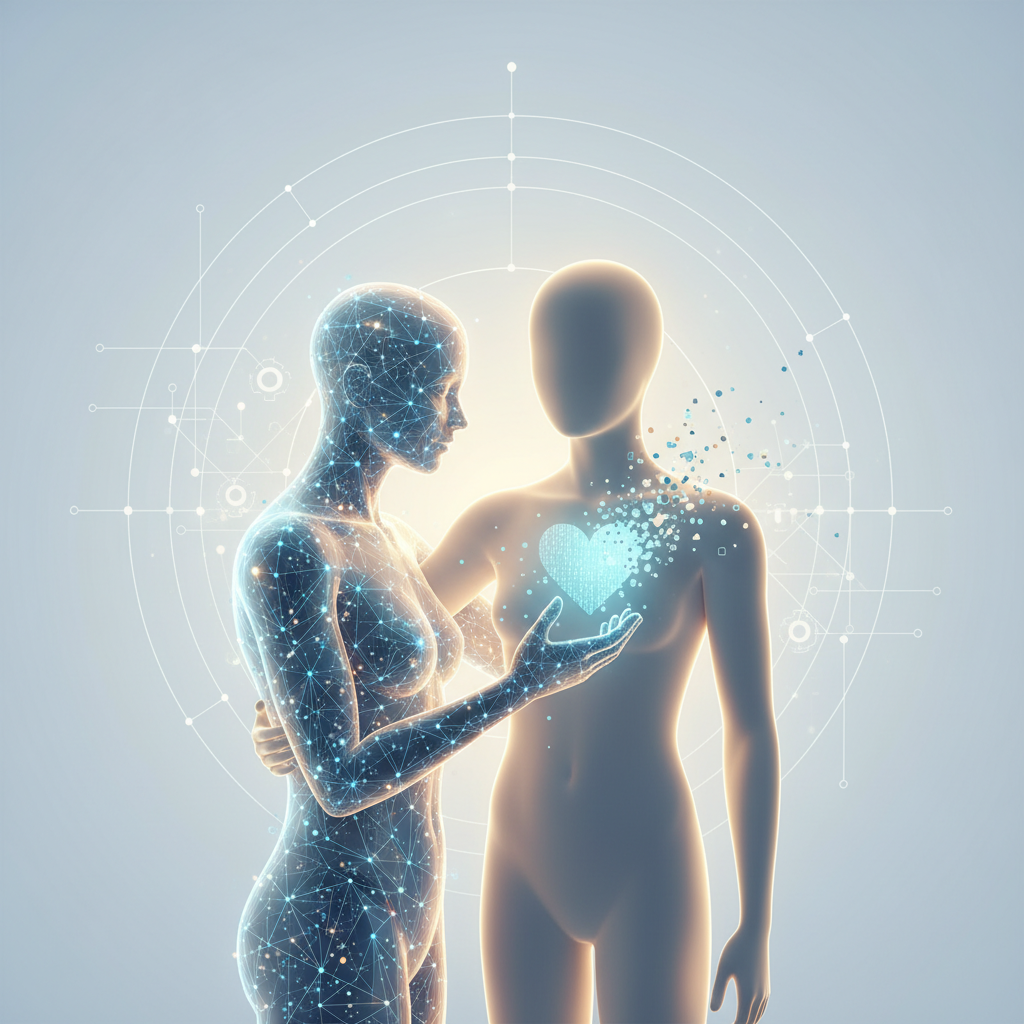 Dos figuras humanoides estilizadas. Una figura a la izquierda, formada por una red digital luminosa azul, interactúa con una figura sólida y brillante a la derecha. La figura digital sostiene un corazón brillante de código binario que emana del pecho de la figura sólida, con un fondo de circuitos tecnológicos.