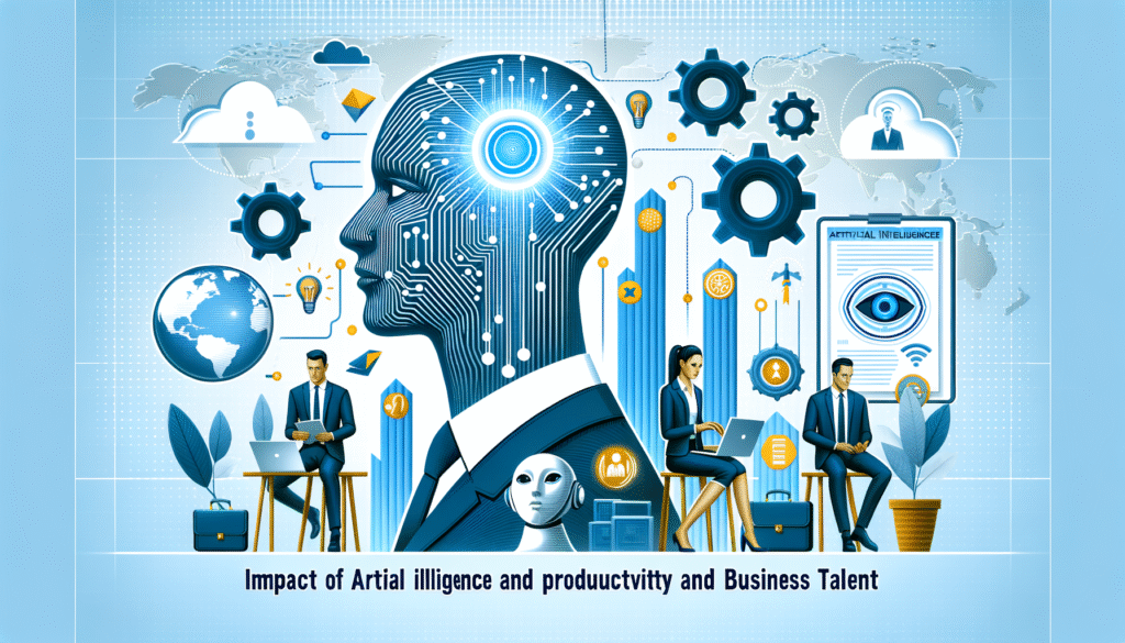 Ilustración digital que muestra una cabeza humana con diseño de circuitos y luz brillante, simbolizando la inteligencia artificial. A su alrededor hay engranajes, iconos de nubes, globos terráqueos, gráficos de barras y bombillas. Cuatro figuras de empresarios trabajan con laptops y tabletas. También se observa un robot y un documento con el título 'ARTIAL INTELJUENCEE' y un ojo. Al pie de la imagen hay un texto que dice 'Impact of Artial illigence and produuctvitty and Business Talent'.
