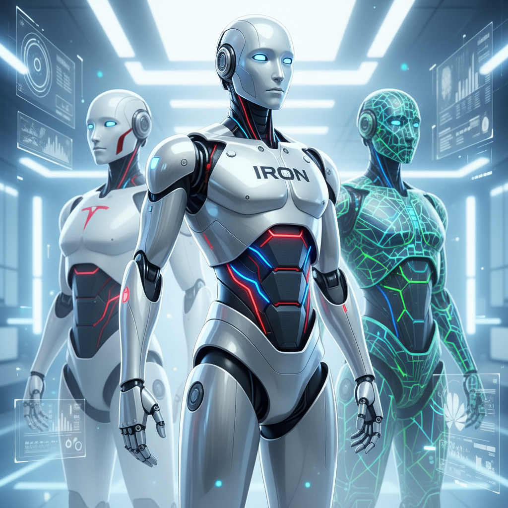 Tres robots humanoides con diferentes diseños en un ambiente de alta tecnología futurista. El robot del centro es plateado, lleva 'IRON' en el pecho y tiene luces rojas y azules. A su izquierda, hay otro robot plateado con un logo rojo en el pecho. A su derecha, se ve un robot verde con un patrón de circuitos luminosos y luces verdes y azules. Varias pantallas holográficas con datos y gráficos flotan en el fondo.
