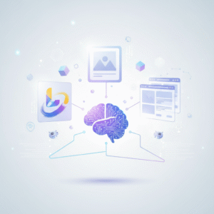 Ilustración conceptual de inteligencia artificial mostrando un cerebro humano con diseño de circuito impreso en el centro. Este cerebro está conectado a un icono de imagen, dos ventanas de navegador web y un icono de logo abstracto y colorido, sugiriendo el procesamiento de distintos tipos de información.