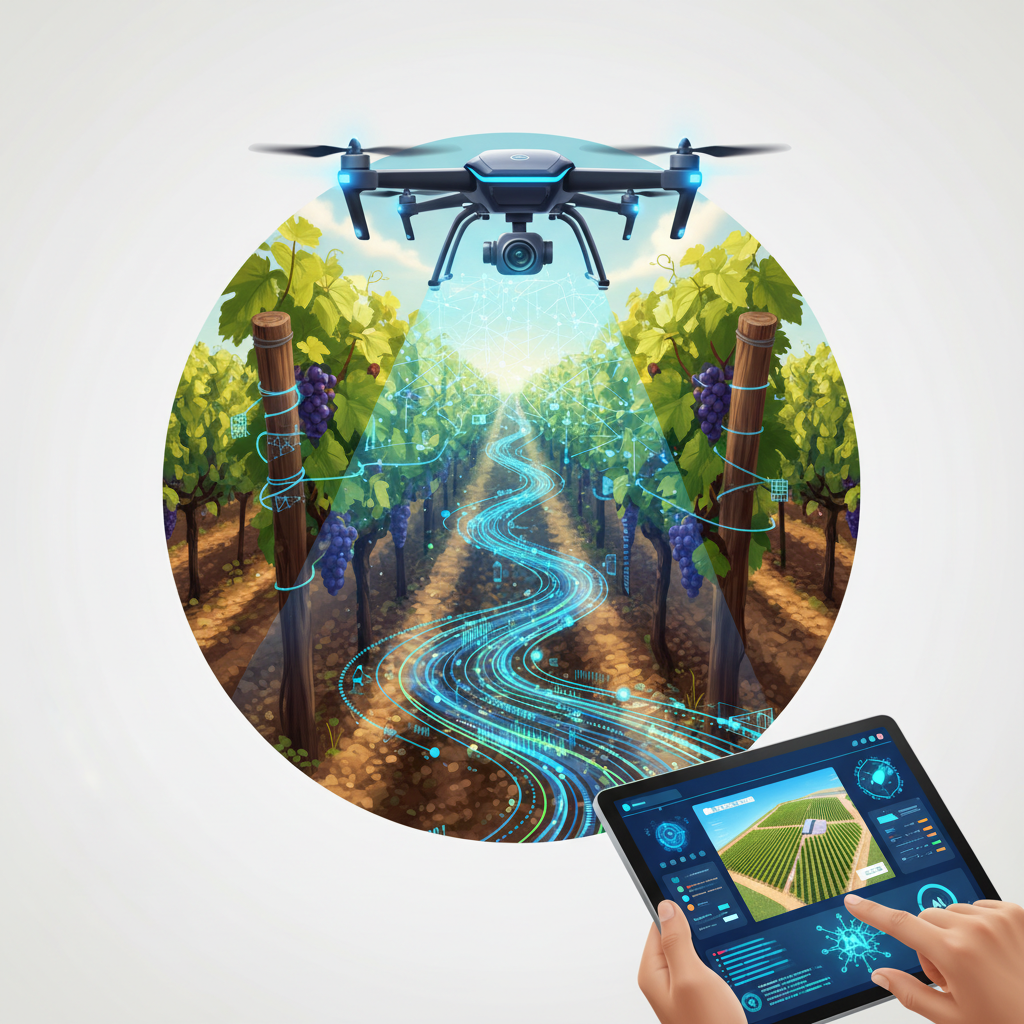 Un dron sobrevuela un viñedo con uvas, proyectando flujos de datos y redes tecnológicas sobre las vides. Unas manos utilizan una tableta con una interfaz de monitoreo y gestión de agricultura inteligente para la plantación.