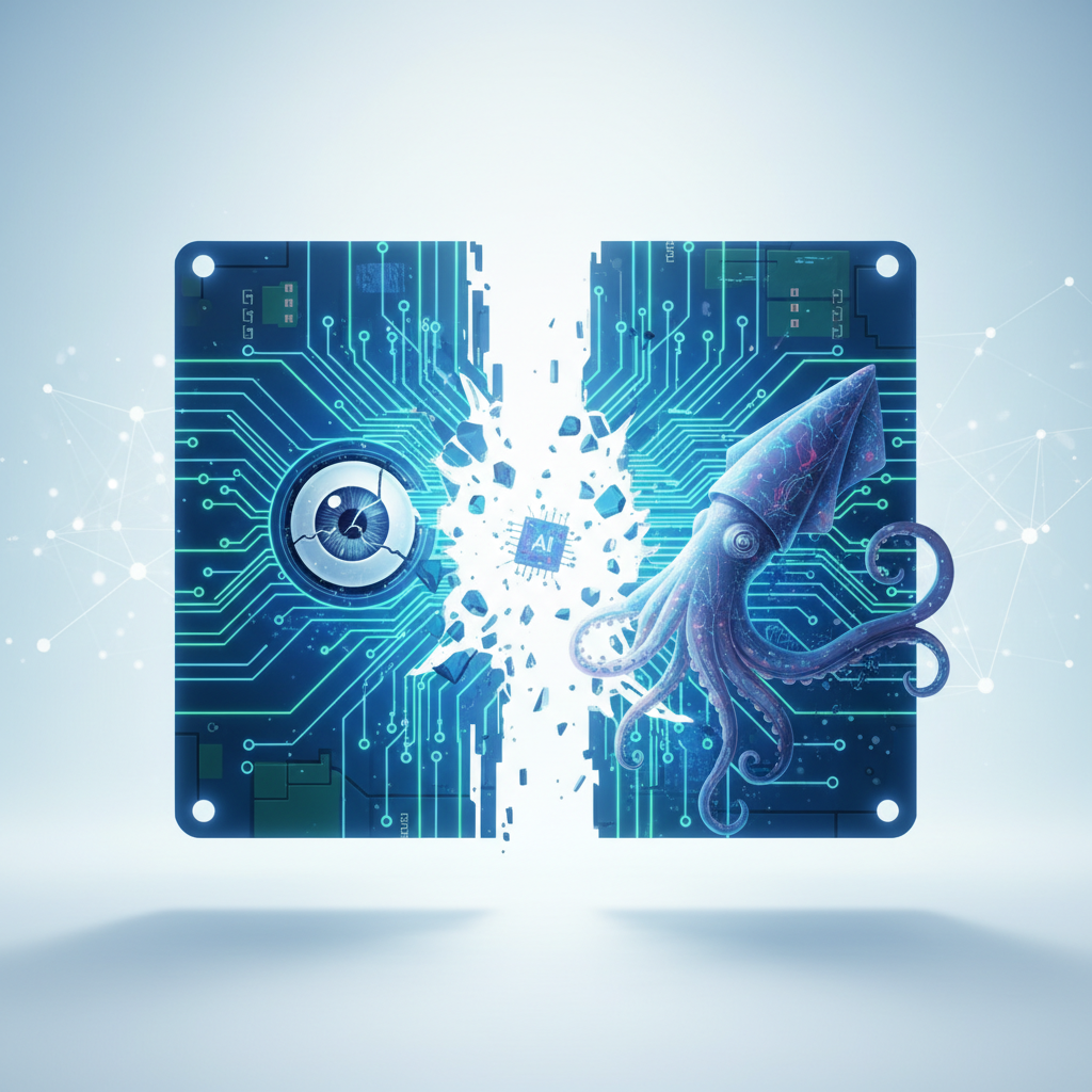 Un circuito impreso azul-verde se rompe por el centro, revelando un ojo tecnológico en el lado izquierdo, un chip de IA entre los fragmentos y un calamar bioluminiscente en el lado derecho. El fondo es claro con una red de conexiones.