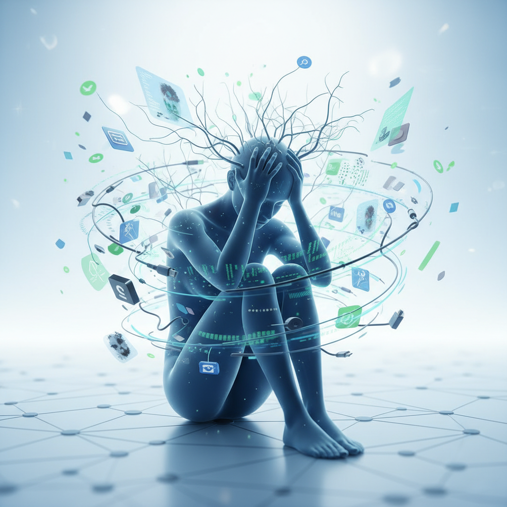 Figura humana translúcida azul sentada en el suelo con las manos en la cabeza, rodeada por cables, iconos de aplicaciones, pantallas de datos y elementos digitales que giran, simbolizando sobrecarga de información y estrés tecnológico.