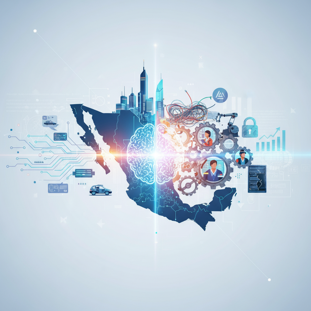 Mapa de México dividido por una línea luminosa. El lado izquierdo muestra una ciudad moderna, circuitos electrónicos con vehículos y un cerebro brillante, representando tecnología e innovación. El lado derecho contiene engranajes con perfiles de personas, cables, un brazo robótico, un candado y gráficos de crecimiento, simbolizando industria, talento humano y desarrollo económico.