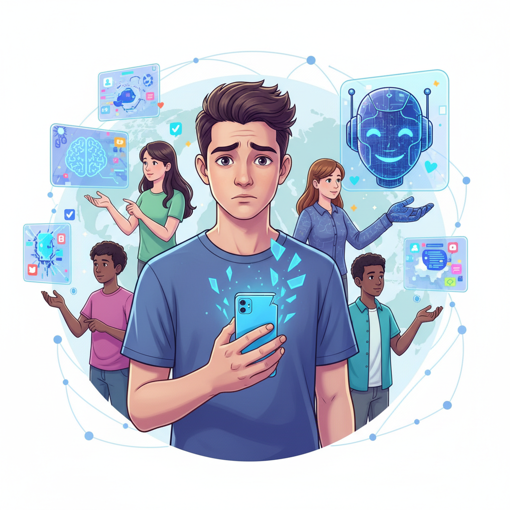 Joven preocupado con un smartphone, rodeado de otras personas y pantallas holográficas que representan inteligencia artificial, un cerebro, redes sociales y datos, conectados en una red global.
