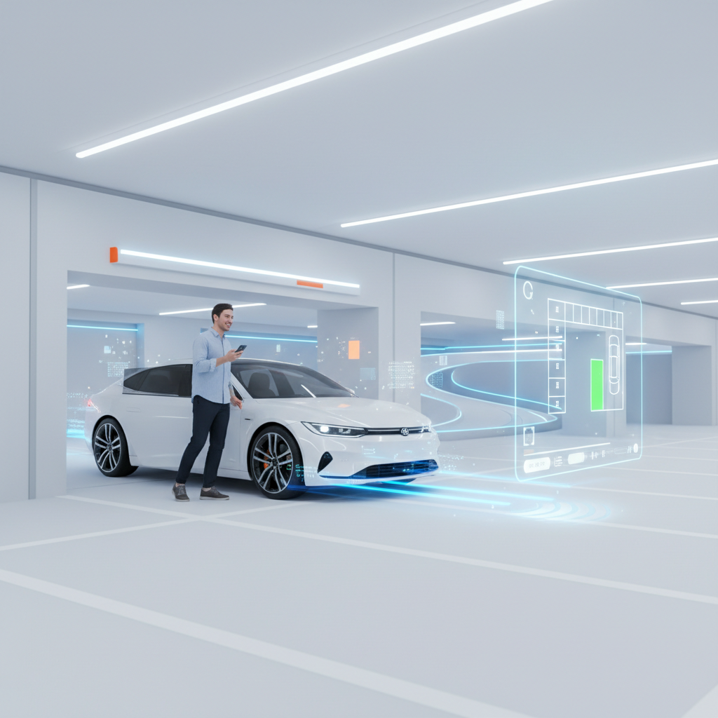 Un hombre sonriente de pie junto a un coche blanco moderno en un parking subterráneo. Sostiene un smartphone mientras del coche emanan líneas de datos azules y una interfaz holográfica a la derecha muestra un mapa de aparcamiento con una plaza disponible.