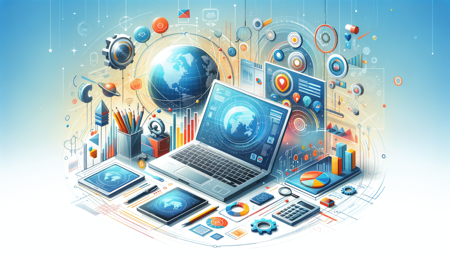 Escena digital con un portátil central mostrando un mapa mundial, rodeado de un globo terráqueo, dispositivos móviles, gráficos de datos, iconos de tecnología y elementos de oficina.