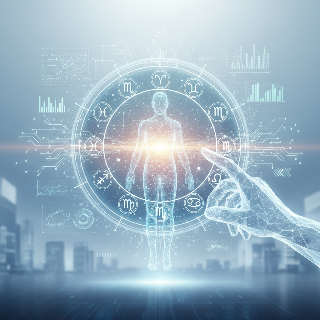 Representación digital luminosa de un cuerpo humano en el centro, rodeado por un anillo con signos del zodiaco, gráficos de datos y circuitos electrónicos. Una mano wireframe futurista interactúa con la interfaz sobre un fondo urbano borroso.