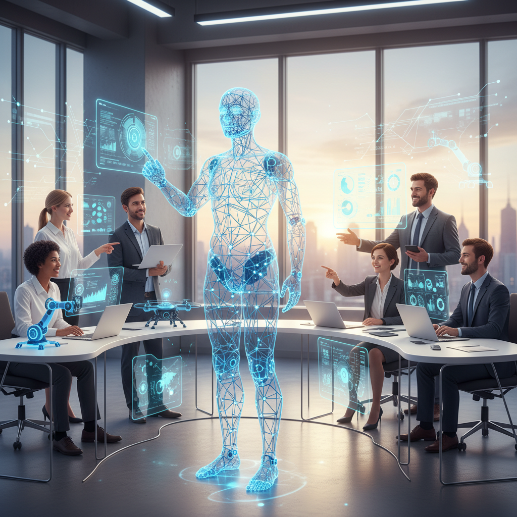 Un grupo de seis profesionales en una sala de reuniones moderna con grandes ventanales. Interactúan con una proyección holográfica azul de un cuerpo humano en wireframe y múltiples pantallas de datos virtuales flotantes. Hay laptops, un dron y un brazo robótico sobre las mesas.